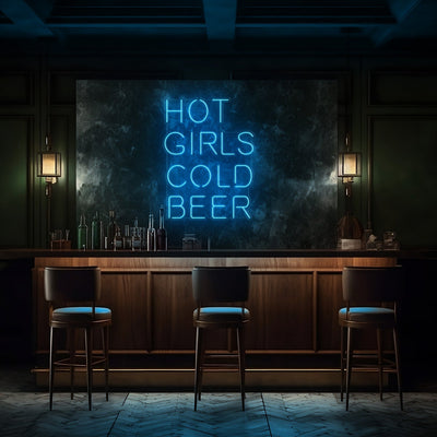 Hot Girls Cold Beer LED Neon Sign - 20" W x 26" HIce Blue