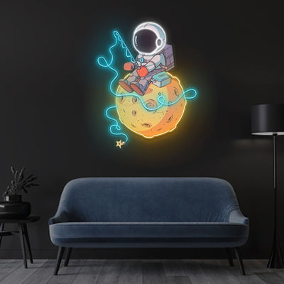 "Astronaut Fishing" Neon x Acrylic Artwork - 20"x16"Neon x Acrylic Artwork