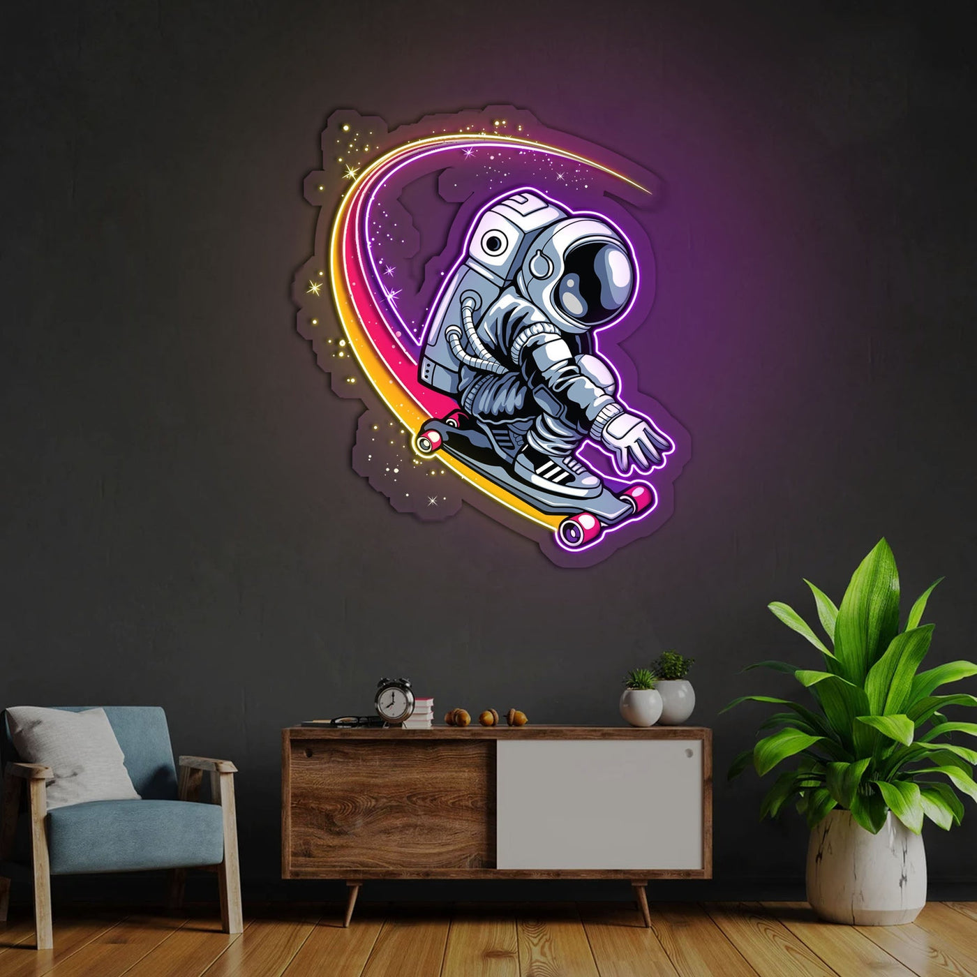 Astronaut Skateboard Neon Sign x Acrylic Artwork - 2ftLED Neon x Acrylic Print