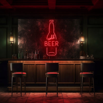 Cold Beer Bottle LED Neon Sign - 20" x 50"Red