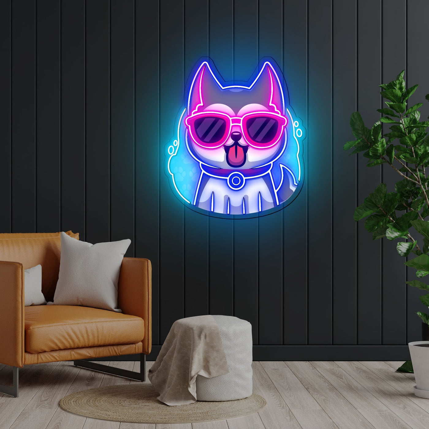 Cool Husky Dog Neon Sign x Acrylic Artwork - 20”LED Neon x Acrylic Print