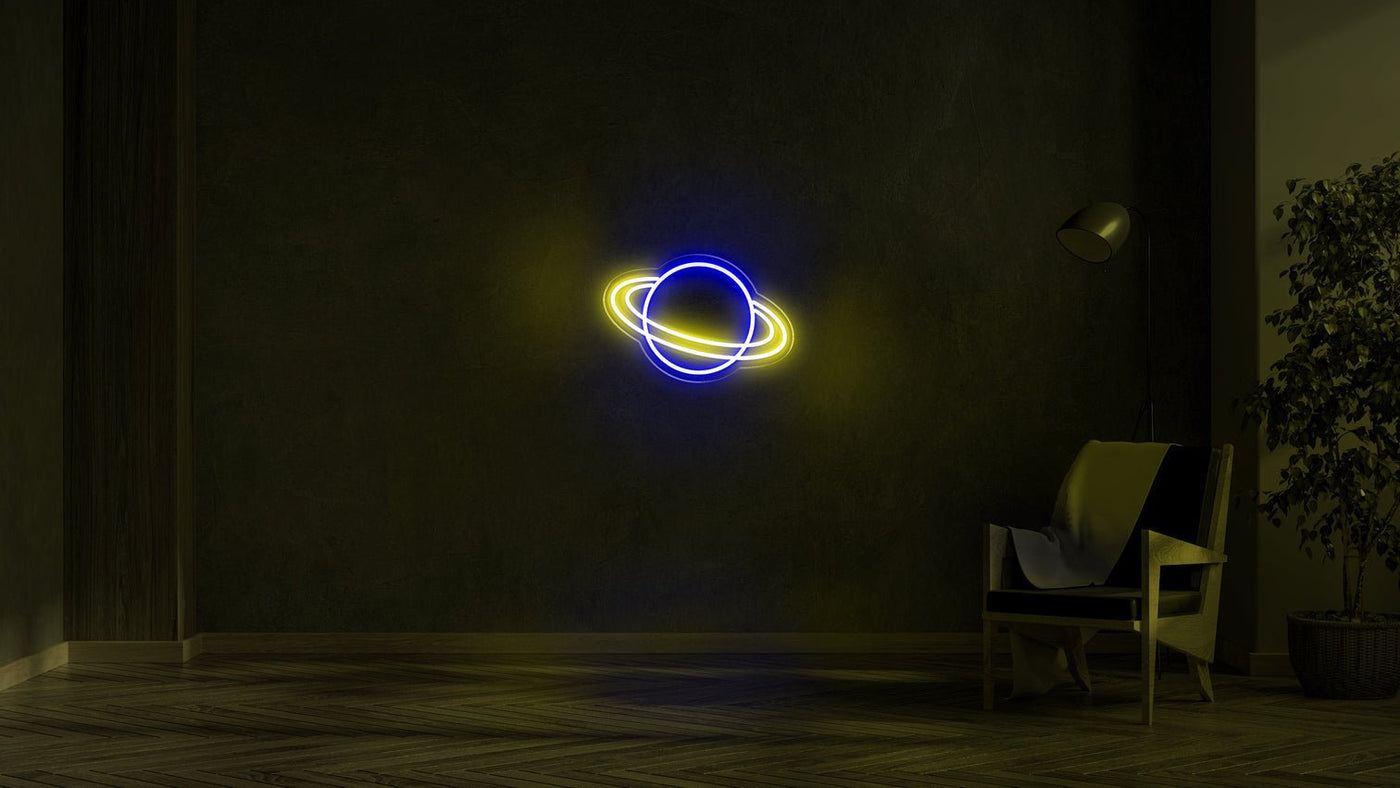 Double Ring Planet LED neon sign - 20inch x 16inchYellow and Blue