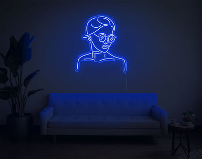 Girl With Glass LED Neon Sign - 28inch x 25inchBlue