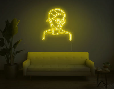 Girl With Glass LED Neon Sign - 28inch x 25inchYellow