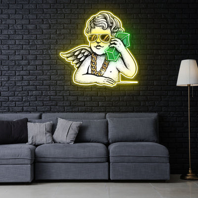 Money Talk Angel Neon Sign x Acrylic Artwork - 20”LED Neon x Acrylic Print
