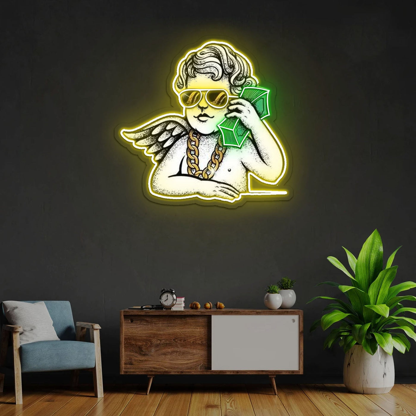 Money Talk Angel Neon Sign x Acrylic Artwork - 20”LED Neon x Acrylic Print