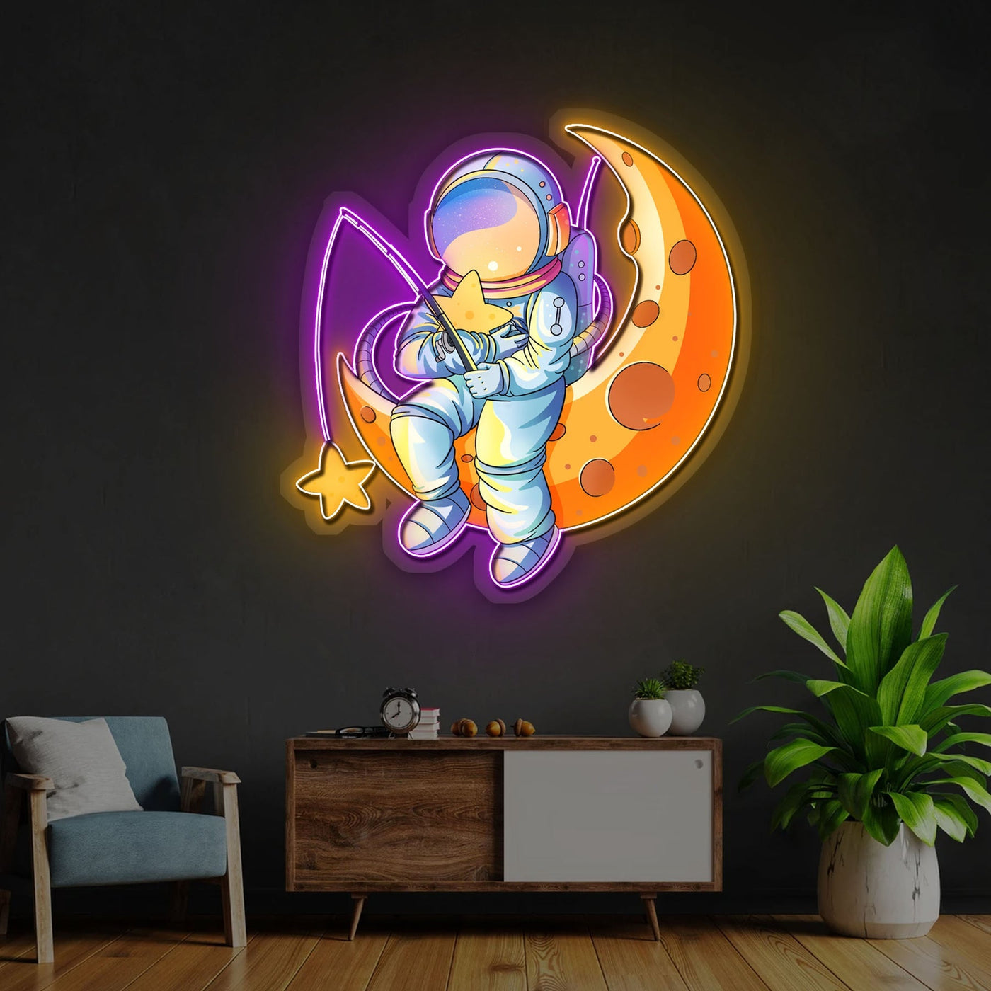 Space Fishing Star Astronaut Neon Sign x Acrylic Artwork - 20”LED Neon x Acrylic Print