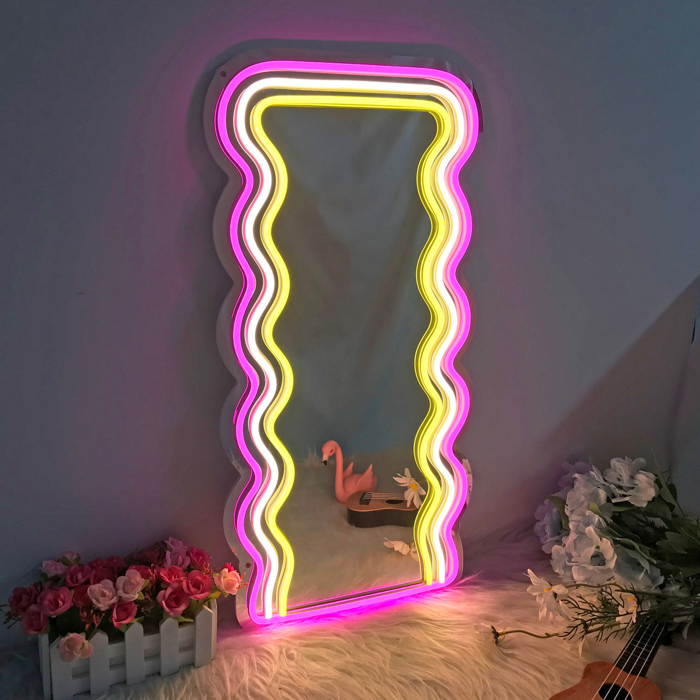 Triple Waves LED Neon Mirror - 3 Colors (pink&white&yellow)15 inches