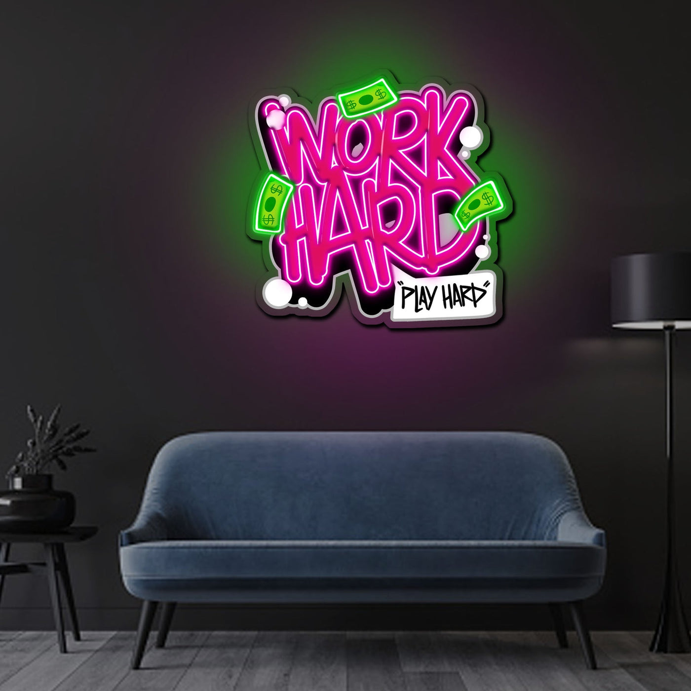 Work Hard Play Hard Neon Sign x Acrylic Artwork - 2ftx1.8ftLED Neon x Acrylic Print